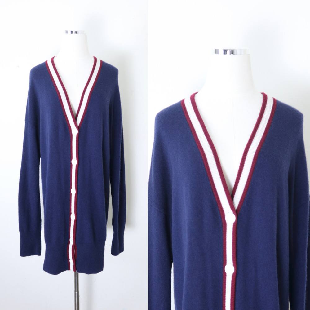 Equipment Size L Cashmere Cardigan Sweater Button Front Navy Red White Stripe